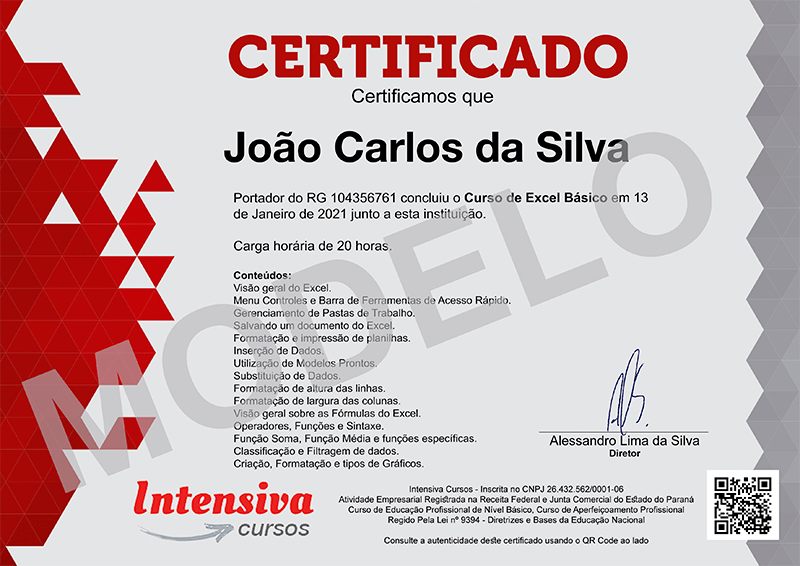 Modelo do Certificado de Excel Básico da Intensiva Cursos